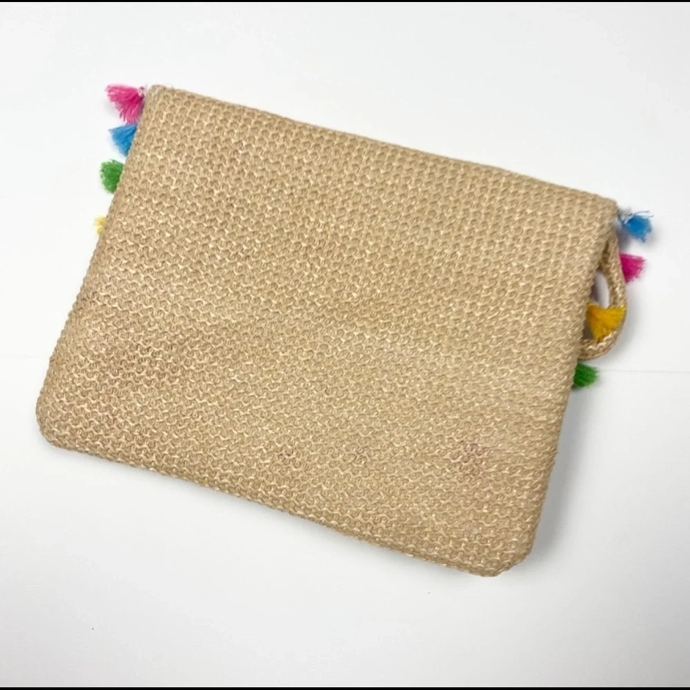 Colorful tassel and pom pom wristlet purse clutch